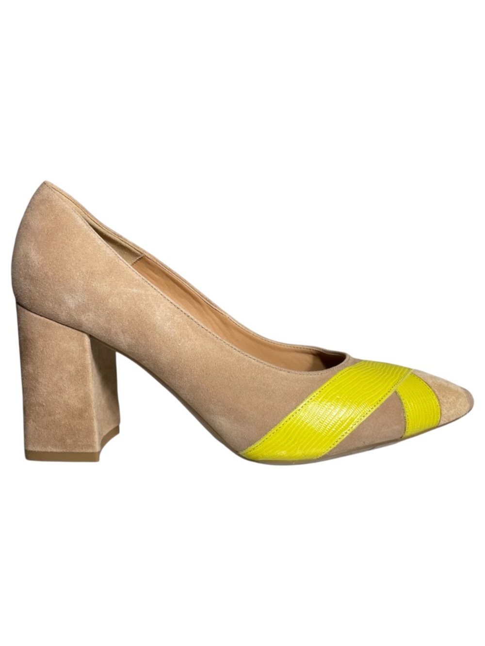 Aquatalia Suede Heels NEW 8.5 Colorblocked Leather Taupe Block Heel Pointed Toe